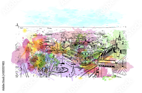 Building view with landmark of Biala is a city in southern Poland. Watercolor splash with hand drawn sketch illustration in vector.