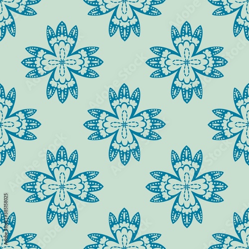 Stylized lacy floral four pointed shape nature inspired motif with geometric execution in fresh aquamarine and spring green tones. For commercial goods, digital, web, print, graphic, scrapbooking item