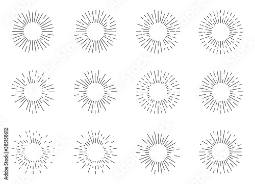 Radiant sun burst shapes set. Design elements vintage hipster style light rays frames for retro logo or emblem. Black linear doodle of sunburst firework. Sunlight symbol. Isolated vector illustration
