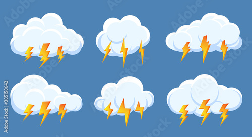 Set of lightning bolt thunderstorm cloud icons. Design symbol weather for web or app. Sign logo storm, thunder and lightnings strike. Different fast shiny shock flash sign Isolated vector illustration