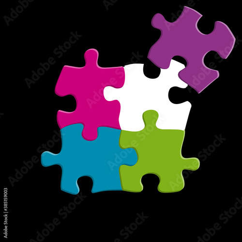 4 pièces de puzzle de 4 couleurs pour un logo d’entreprise sur un fond noir.