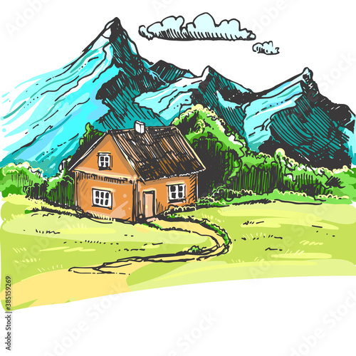 Detailed hand drawn color illustration of mountains, home. sketch. Vector. Elements in graphic style label, card, sticker, menu, package. Travel, highlands range. line art. Rocky peaks.