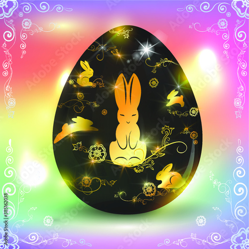 Decorative black richly colored Easter egg with gold floral designs and hares. Rainbow background with bokeh effect. Easter promotion and shopping template