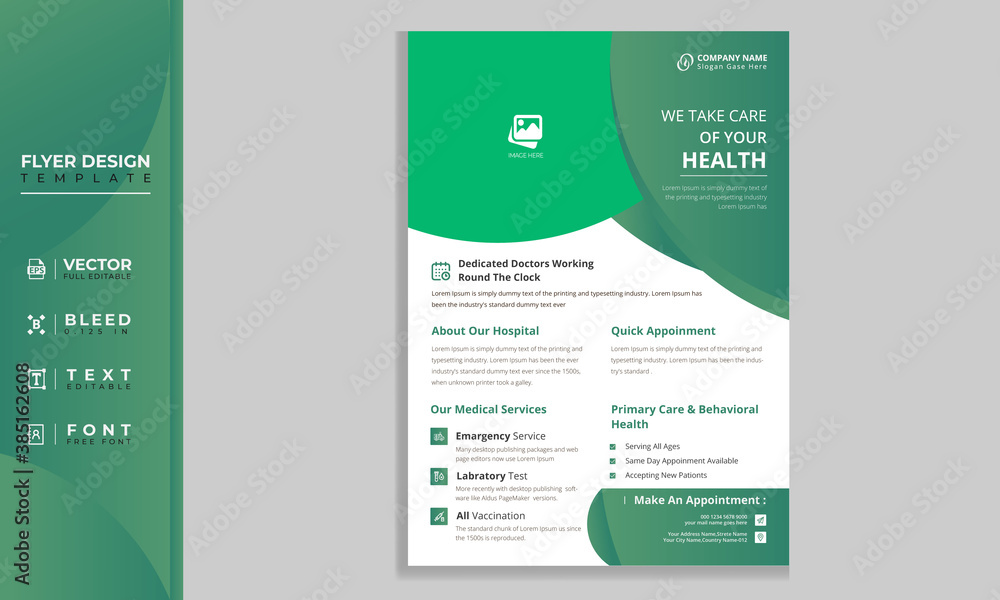 health care flyer template design for printing and presentation.