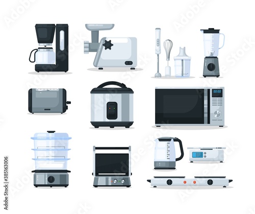 Kitchen appliance electronic device equipment for cooking. Vector coffee maker, mixer, blender, meat grinder, microwave oven, toaster, multicooker, electric oven, double boiler isolated illustration