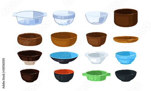 Glass, plastic, wooden and ceramic bowl isolated on white. Vector mixing chalice, heat resistant stoneware, kitchenware, potted bowl, crockery utensil for cooking and food preparation illustration