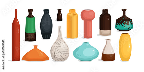 Pottery vase and amphora for flower home interior decoration. Vector porcelain color pot, crockery decorative jar and ceramic ware variation form and shape illustration isolated on white background
