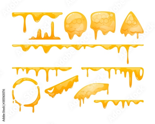 Pure melted amber honey dripping, splashing and falling. Translucent sweet nectar leak with honeycomb, liquid splash and spot design element set vector illustration isolated on white background