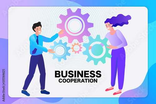 Business cooperation and teamwork concept. A man and woman work together, connecting gears to build a successful process. Vector illustration for partnership, collaboration, and strategic alliance.