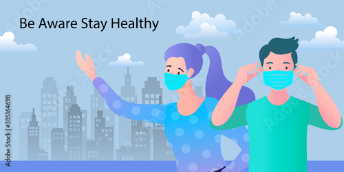 A couple wearing face masks in a city for health and safety. A vector banner concept for protection from air pollution and viruses in an urban environment. Be aware and stay healthy.