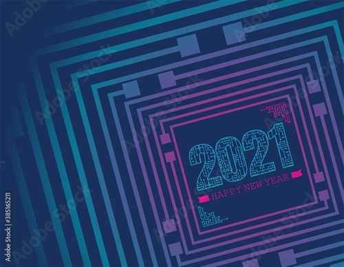 Happy New Year 2021 with Technology Background Vector Design.