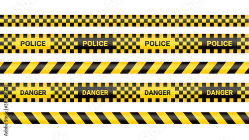 Police tape, crime danger line. Caution police lines isolated. Warning and barricade tapes. Set of yellow warning ribbons. Vector illustration.