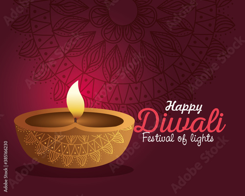 Happy diwali diya candle with mandala on purple background design, Festival of lights theme Vector illustration
