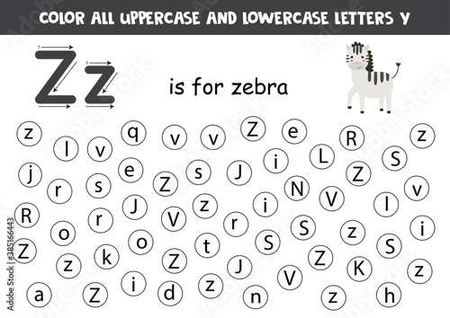Learning English alphabet. Color all letters Z. Educational worksheet for school and kindergarten. Z is for zebra.