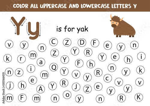 Find and color all letters Y Educational worksheet for learning alphabet. ABC letters. Y is for yak.