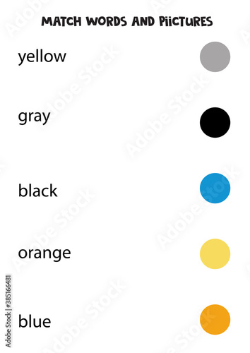 Match written words and color circles. Educational logical game for kids. Puzzle for kids.