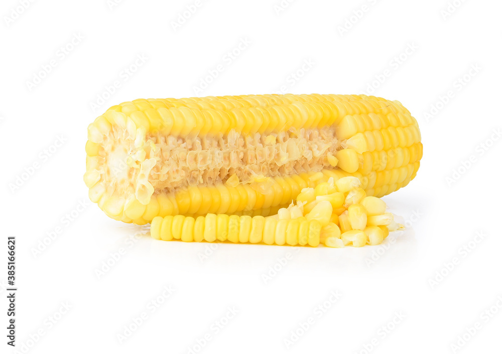 Boiled yellow corn cut close up on white background Boiled yellow corn cut close up on white background