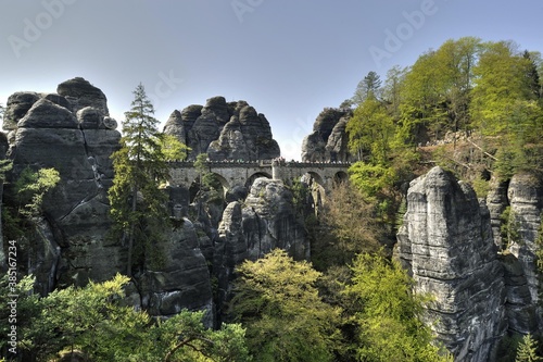 View on the Bastei rock formations, Saxon Switzerland, Elbsandsteingebirge Elbe Sandstone Mountains, Saxony, Germany, Europe