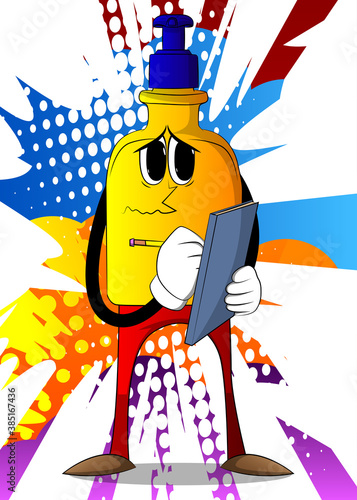 Cartoon bottle of hand sanitizer gel for hygiene  with face writing on a books cover.