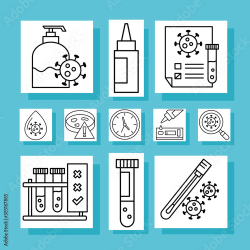 covid 19 virus test line style set icons design of 2019 ncov cov and coronavirus theme Vector illustration