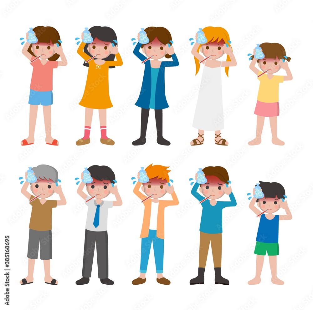 10 kinds of cartoon characters vector set of man and woman with children, fever, chills, cold, flu