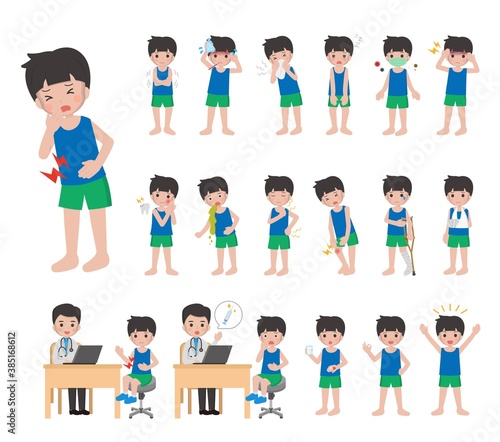 18 kinds of kid diseases, colds, injuries illustration cartoon characters vector set