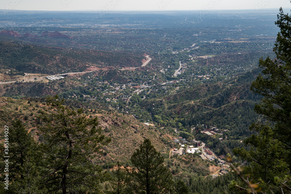 Overlooking the city of Manitou Springs Colorado, from the Barr Trail to Pikes Peak, on a hazy, smokey day