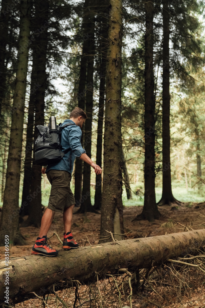 Male hiker with backpack walking on log against trees in woodland Male hiker with backpack walking on log against trees in woodland