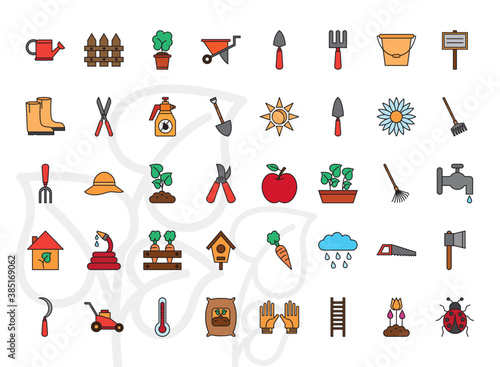 Gardening line and fill style 40 icon set design, garden planting and nature theme Vector illustration