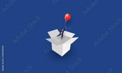 Businessman flying with balloon, Think outside the box, Business concept