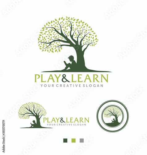Education Logo, Boy reading book, Preschool Logo Vector