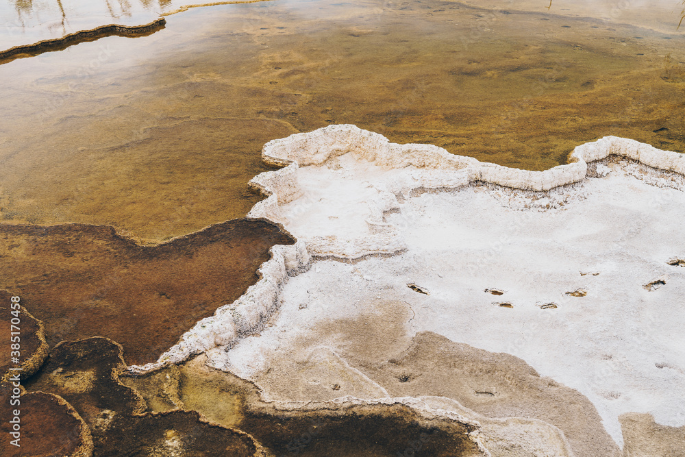 Close up view of the mineral terraces formed at Mammoth Hot Springs in Yellowstone National Park. Useful for abstract backgrounds