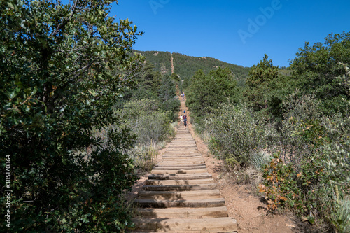 Manitou Springs, Colorado -The old railroad ties that make up the Manitou Incline hike in Colorado. Hikers far in the distance