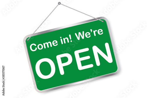 Green sign enter openly. Store opening sign. Notice of the work of the institution. Vector illustration. Stock image.