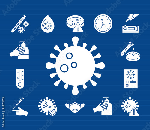 covid 19 virus test silhouette style icons design of 2019 ncov cov and coronavirus theme Vector illustration