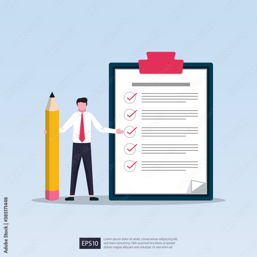 Businessman holding pencil with giant check list and clipboard vector illustration. Businessman holding pencil with giant check list and clipboard vector illustration.