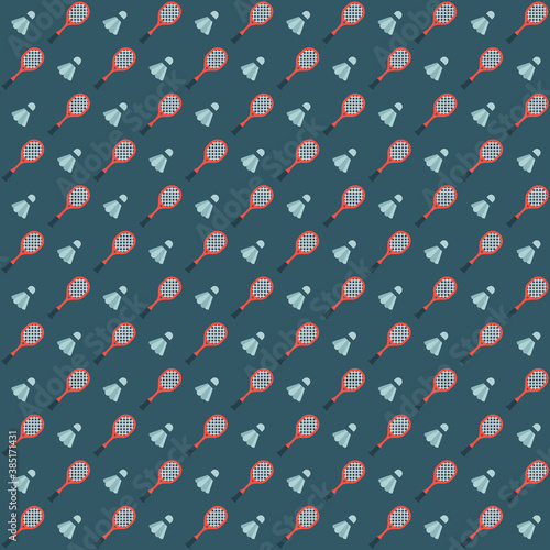 red badminton bat and white cock playing game on blue background repeat pattern