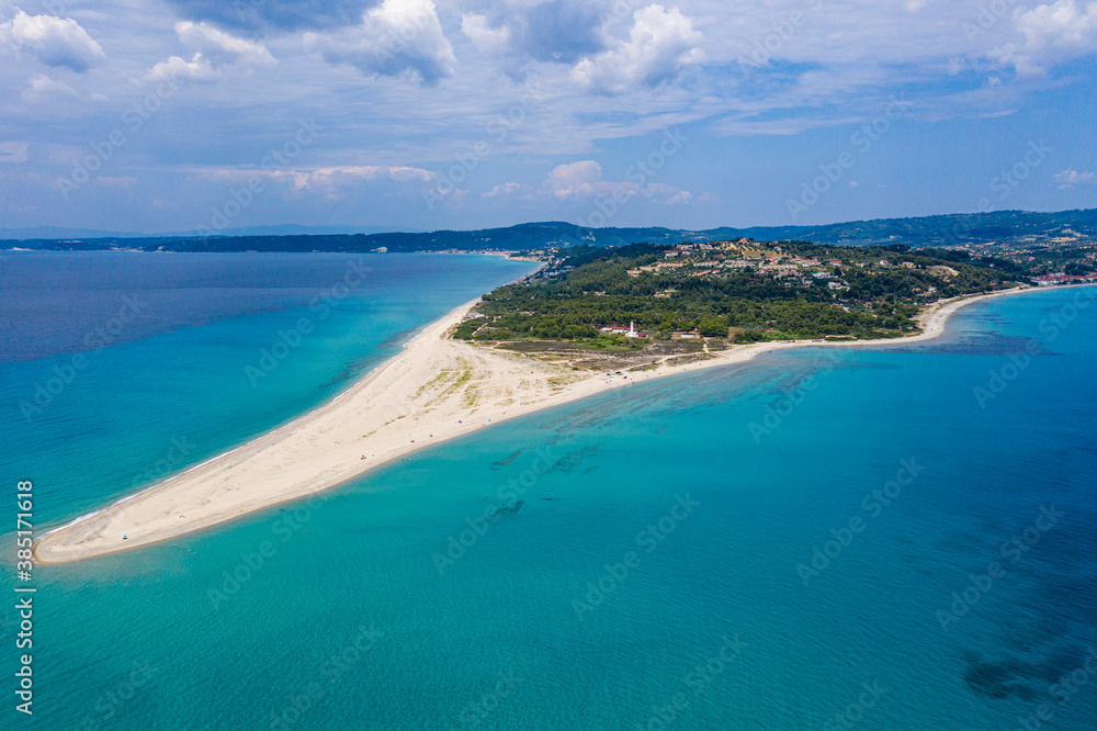 Greece, Kassandra, Aerial view of Possidi Beach in summer
