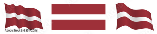 flag of Latvia in static position and in motion, developing in wind in exact colors and sizes, on white background