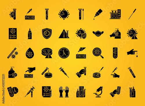 covid 19 virus test silhouette style icon bundle design of 2019 ncov cov and coronavirus theme Vector illustration