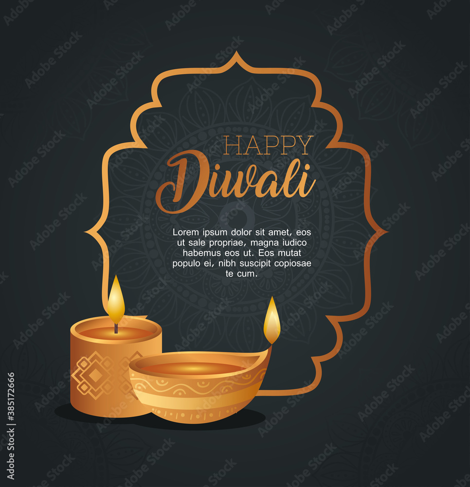 Naklejka premium Happy diwali in frame with diya candles design, Festival of lights theme Vector illustration
