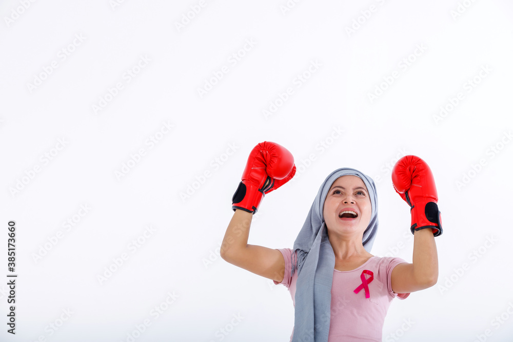 strong Portrait of a asian woman fighting showing boxing gloves breast cancer awareness month isolated on white blank copy space studio background,healthcare,medicine concept strong Portrait of a asian woman fighting showing boxing gloves breast cancer awareness month isolated on white blank copy space studio background,healthcare,medicine concept