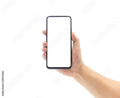 A man's hand holds a blank smartphone with a black frame.