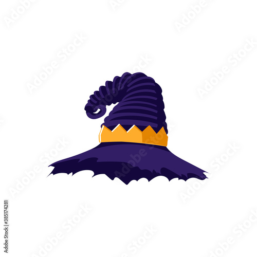 Purple witch hat with buckle. Halloween costume design element, wizard pointed cap. Happy Halloween concept cartoon vector illustration