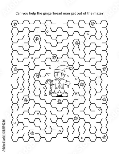 Maze game and coloring page for kids: Help the gingerbread man get out of the maze!
