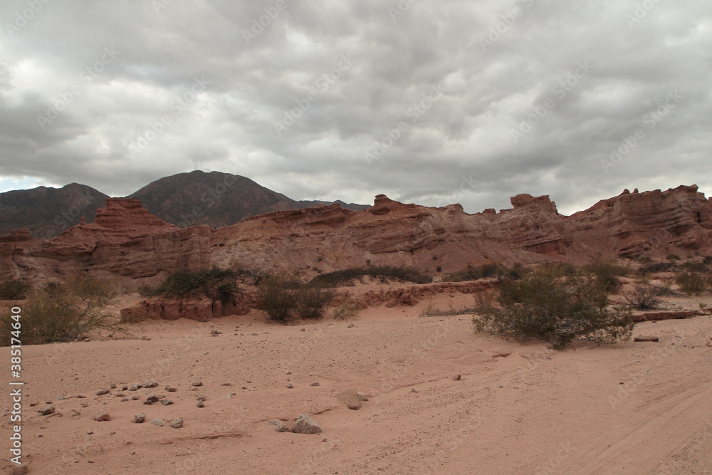The arid desert in a hot day. View of the red sand, desert shrubs, sandstone and rocky formation in the background under a cloudy sky.
