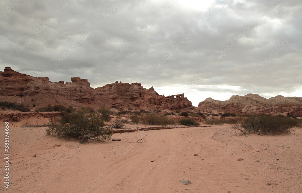 Red canyon. View of the arid desert, red sand, shrubs bushes, sandstone and rocky formation under a cloudy sky.