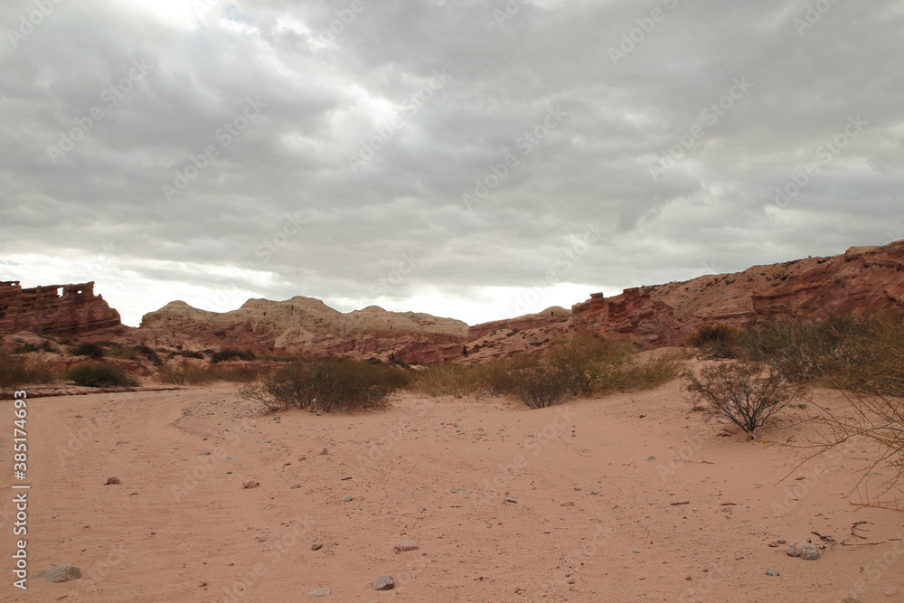 The arid desert in a hot day. View of the red sand, desert shrubs, sandstone and rocky formation in the background under a cloudy sky. The arid desert in a hot day. View of the red sand, desert shrubs, sandstone and rocky formation in the background under a cloudy sky.
