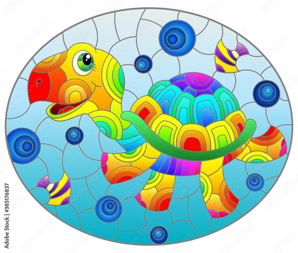 Fototapeta premium A stained glass illustration with a funny rainbow cartoon turtle on a blue background, oval image