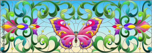 Illustration in stained glass style with a bright butterfly, flowers and swirls on a blue background, horizontal illustration